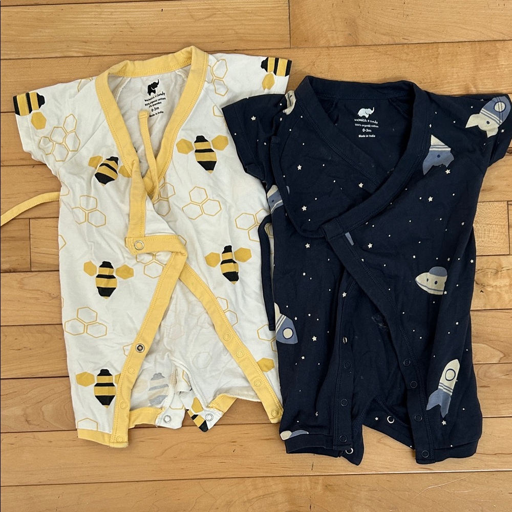 LIKE NEW Bee & Rocket Short Sleeve Baby Wrap Rompers - Yellow Bee / Navy Rocket